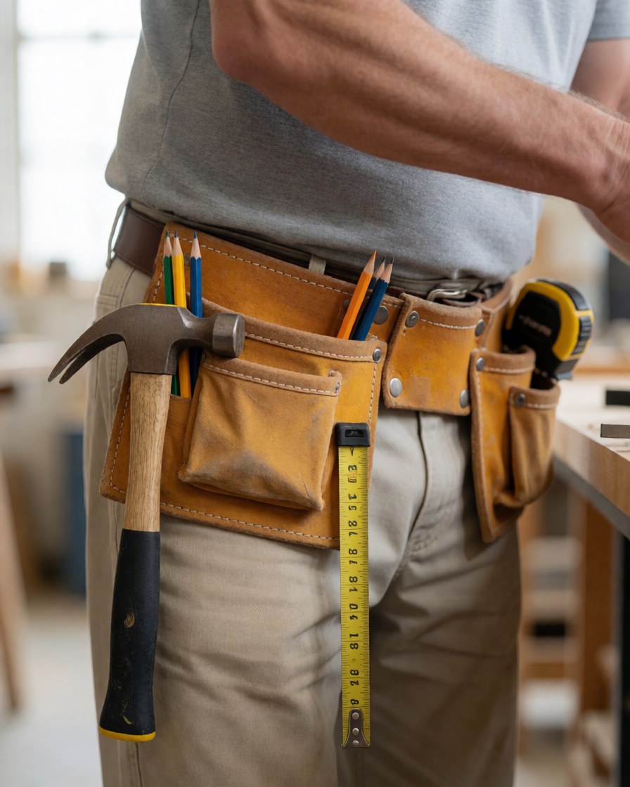 Un menuisier adulte portant une ceinture équipée d'un marteau, d'une règle et de crayons, vue de la taille aux épaules.