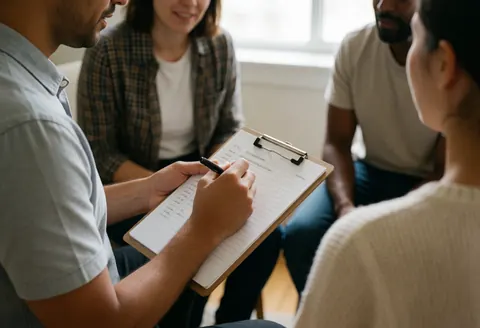 Un professionnel prend des notes pendant qu'une équipe participe assise en cercle.