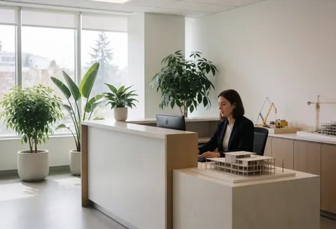 Une architecte travaille à son bureau avec un modèle d'immeuble et des plantes dans un espace de travail moderne.