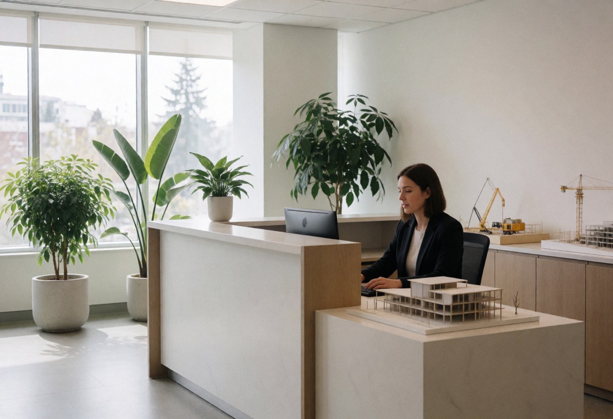 Une architecte travaille à son bureau avec un modèle d'immeuble et des plantes dans un espace de travail moderne.