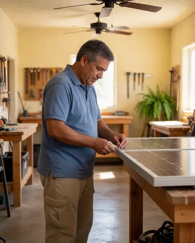 Un technicien en chemise bleue pose un panneau solaire sur une table en bois dans un atelier lumineux.