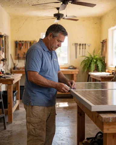 Un technicien en chemise bleue pose un panneau solaire sur une table en bois dans un atelier lumineux.