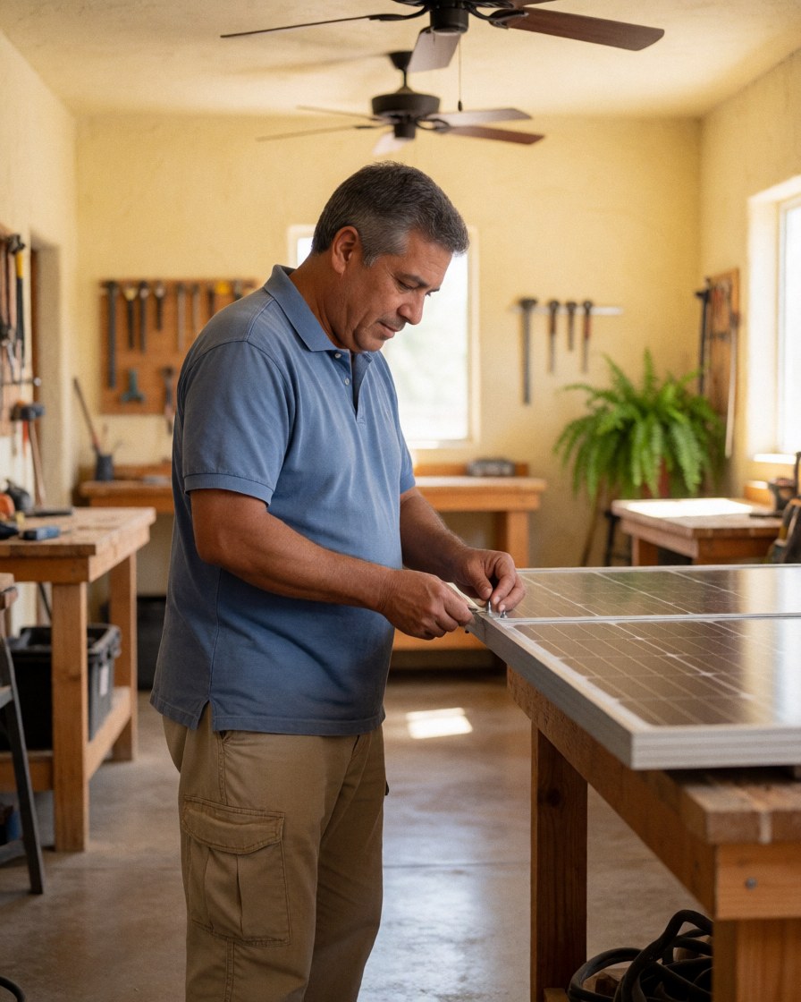 Un technicien en chemise bleue pose un panneau solaire sur une table en bois dans un atelier lumineux.