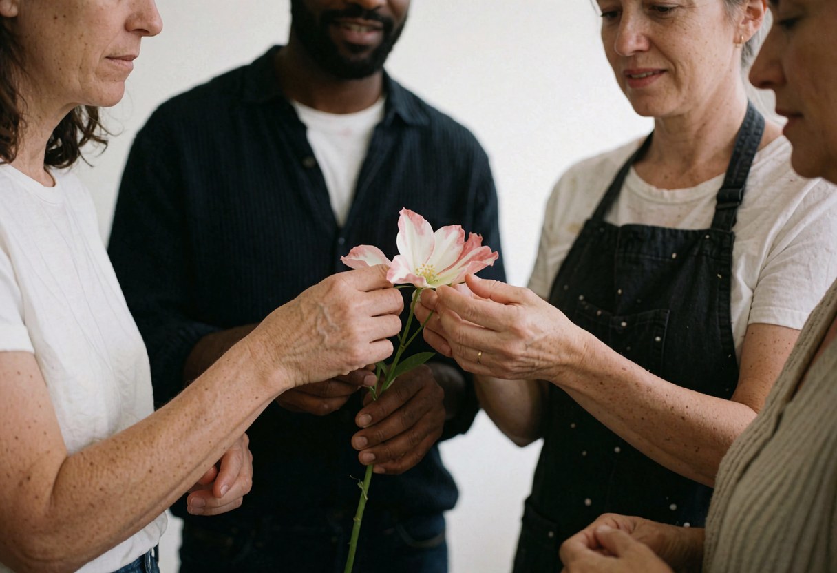 Une fleuriste et une cliente collaborent sur un arrangement floral pendant que d'autres observent attentivement.