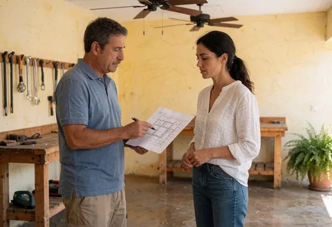 Un homme et une femme examinent des plans architecturaux sur un chantier de construction.