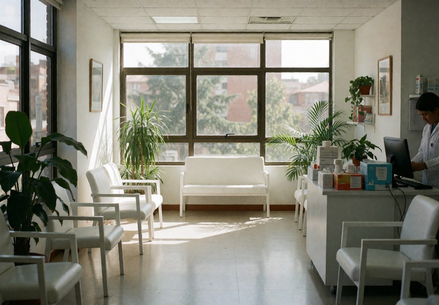 Vue d'une salle d'attente de clinique baignée de lumière naturelle, meublée de chaises blanches et de plantes. Un professionnel est assis à un bureau en arrière-plan.