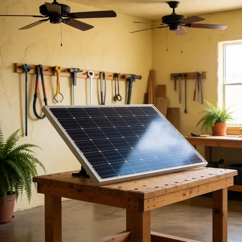 Panneau photovoltaïque posé sur une table dans un atelier avec des outils suspendus au mur, éclairage naturel et fond chaud.