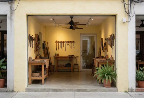 Entrée d'un magasin d'outils avec tables de travail, outils suspendus aux murs et plantes en pot.