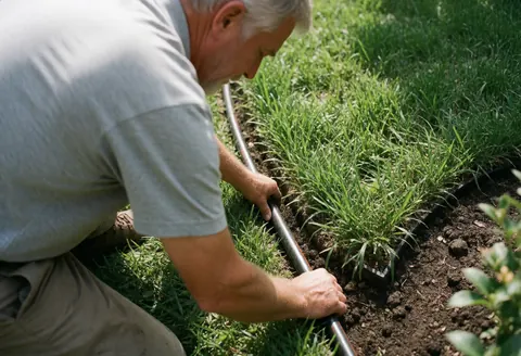 Un homme mature installe une conduite d'arrosage dans un jardin avec pelouse verte et terre retournée.