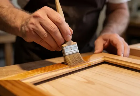 Un homme applique du vernis sur un cadre en bois avec un pinceau dans un atelier.