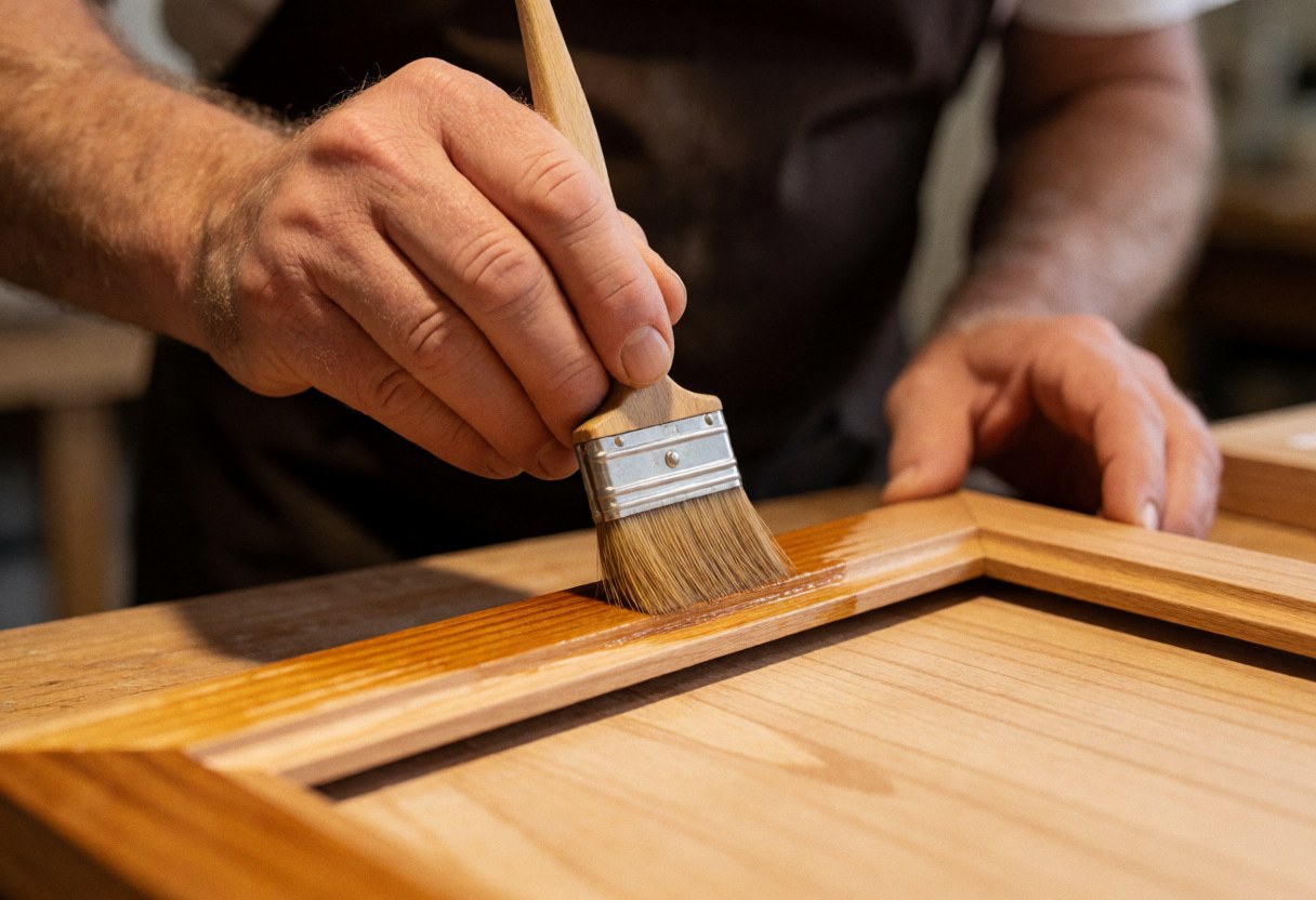 Un homme applique du vernis sur un cadre en bois avec un pinceau dans un atelier.