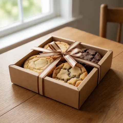 Boîte en carton contenant des biscuits au chocolat et à la vanille, attachée avec un ruban marron, posée sur une table en bois clair.