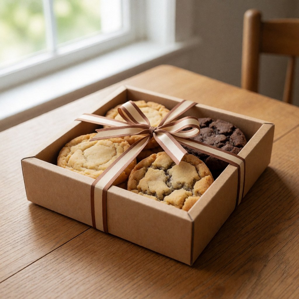 Boîte en carton contenant des biscuits au chocolat et à la vanille, attachée avec un ruban marron, posée sur une table en bois clair.