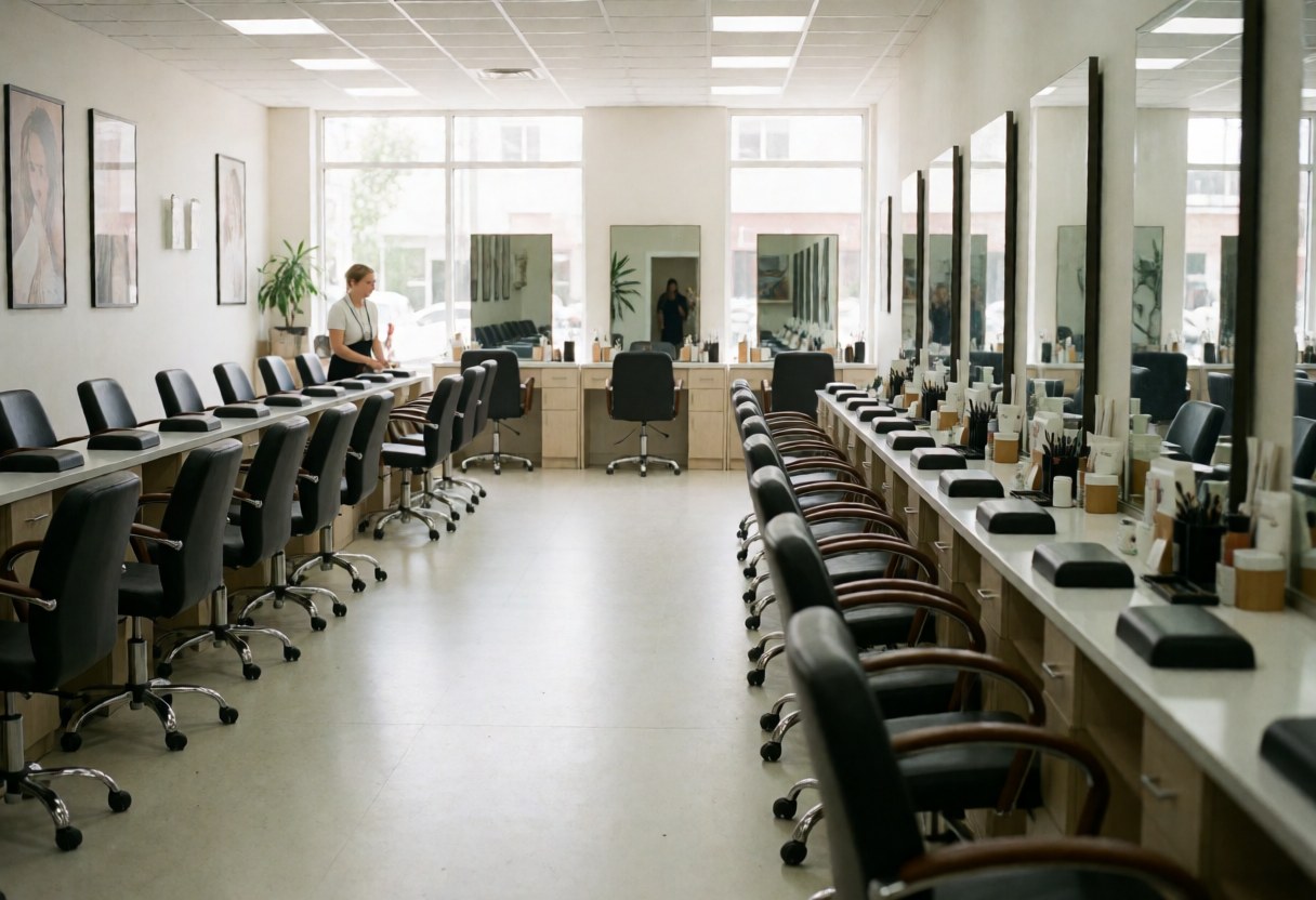 Intérieur d'un salon de beauté vide avec chaises et tables prêts pour les clients, une personne travaille en arrière-plan.