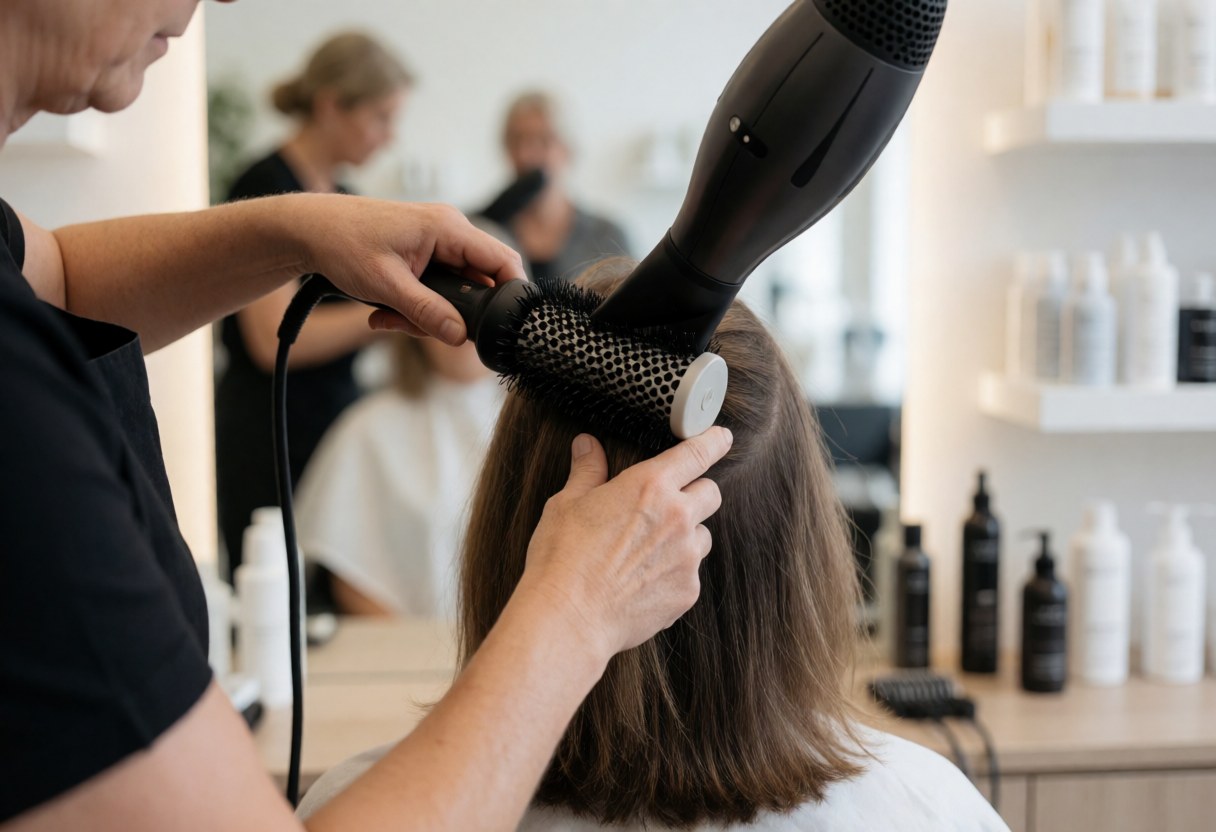 Un coiffeur utilise un sèche-cheveux et une brosse pour coiffer les cheveux d'une cliente dans un salon de beauté moderne.