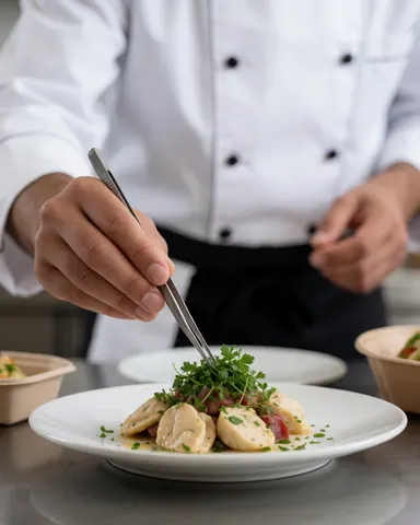Un chef en uniforme blanc et tablier noir utilise des pinces pour ajouter de l'herbe fraîche sur un plat blanc.
