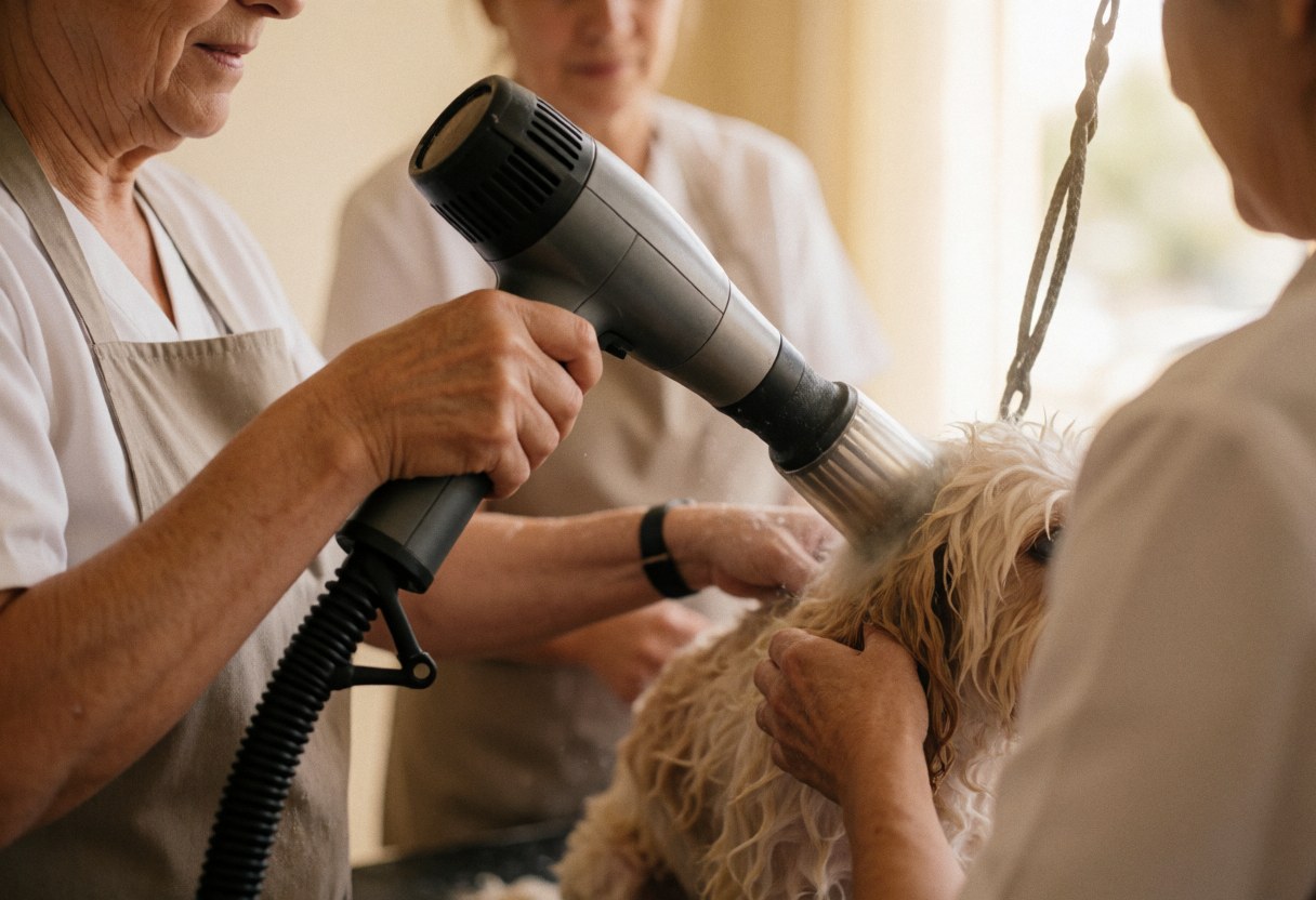 Trois personnes travaillant ensemble chez le toiletteur canin, l'une utilisant un sèche-cheveux et l'autre tenant le chien.