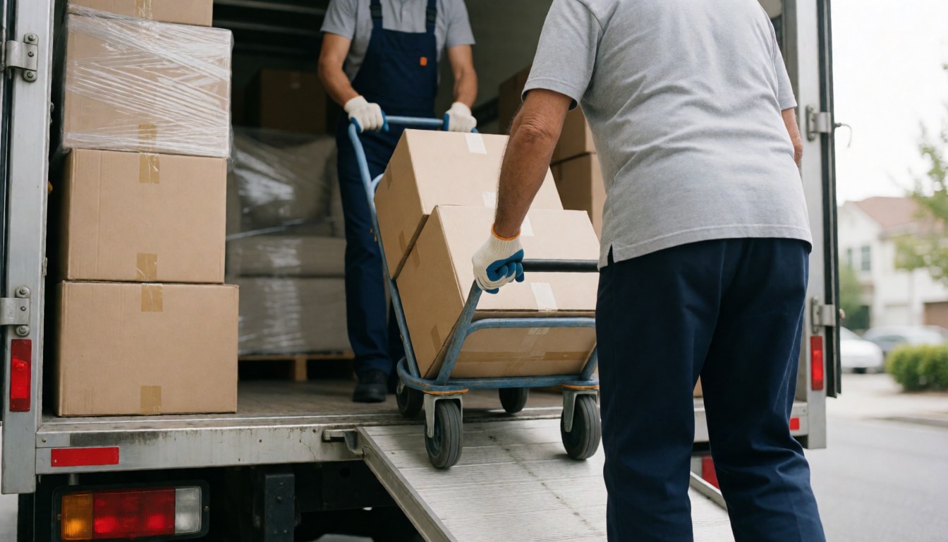 Deux travailleurs poussent une charrette chargée de cartons vers l'arrière d'un camion de déménagement pour le service en action.
