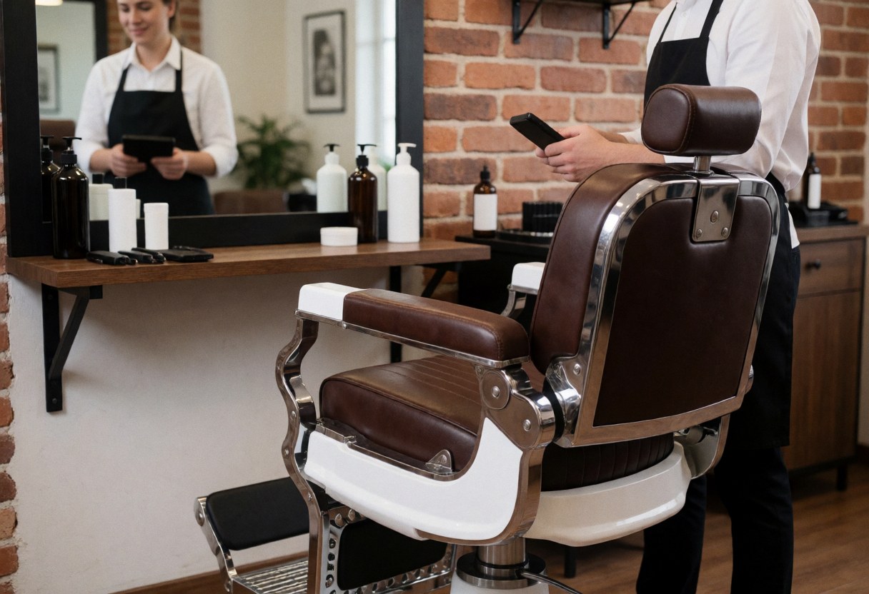 Fauteuil de barbier classique avec assise en cuir marron et structure métallique brillante dans un salon aux murs de briques.