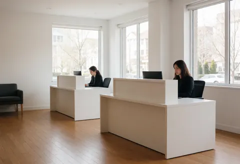 Deux professionnelles travaillent derrière un comptoir blanc épuré dans un bureau moderne au sol en bois et aux grandes fenêtres laissant entrer la lumière naturelle.