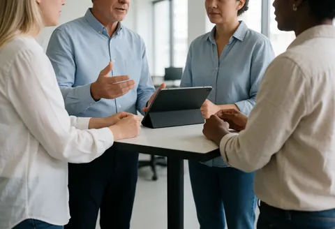 Quatre personnes lors d'une réunion de travail autour d'une table avec une tablette.