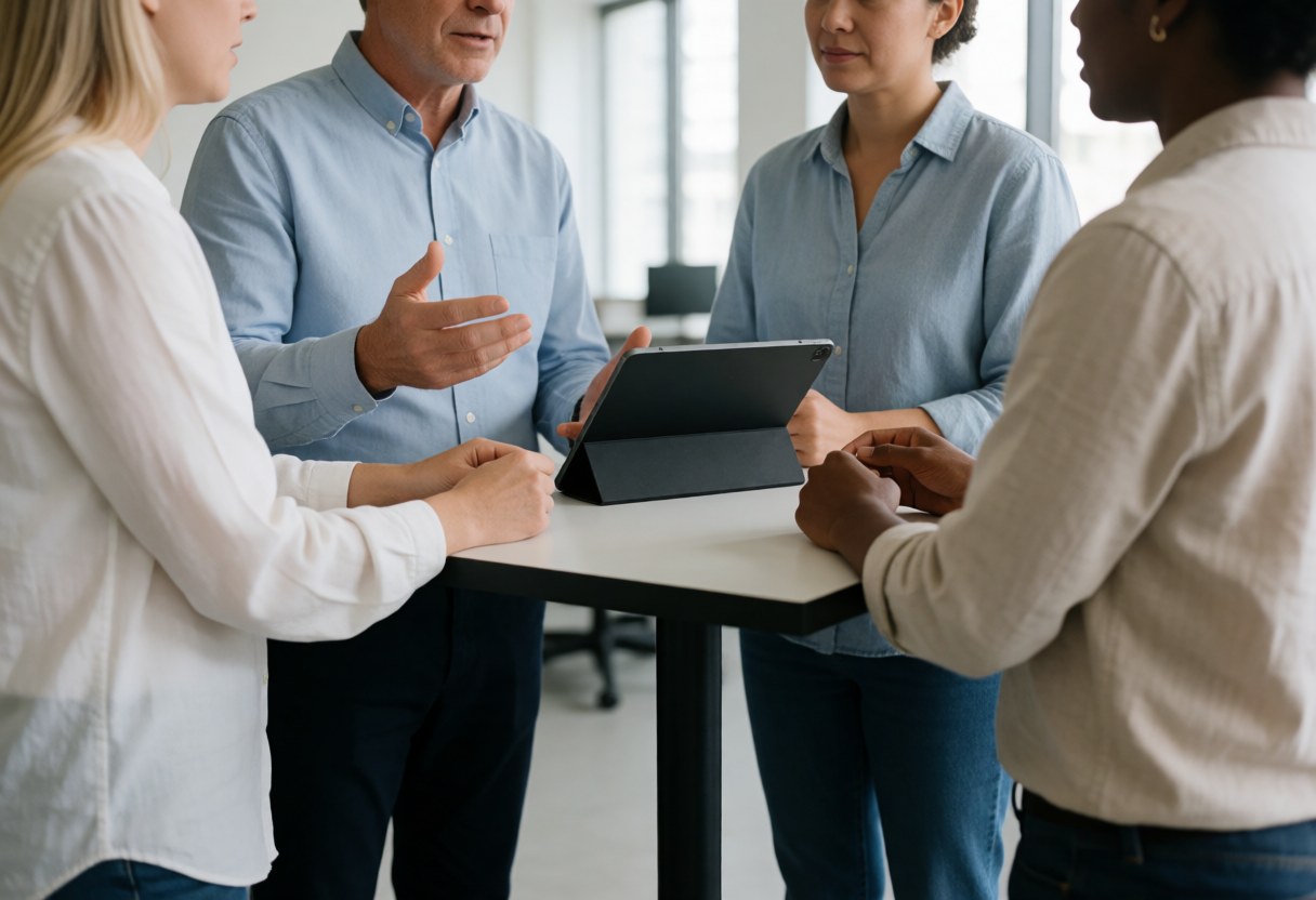 Quatre personnes lors d'une réunion de travail autour d'une table avec une tablette.