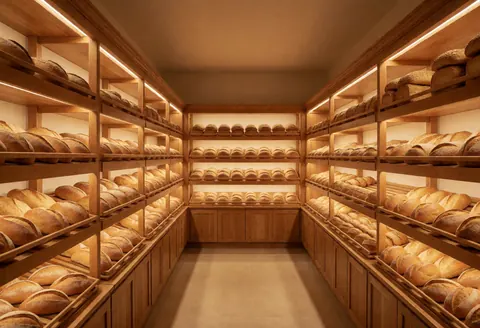 Vue intérieure d'une boulangerie montrant des étagères en bois remplies de pains frais sous un éclairage chaleureux.