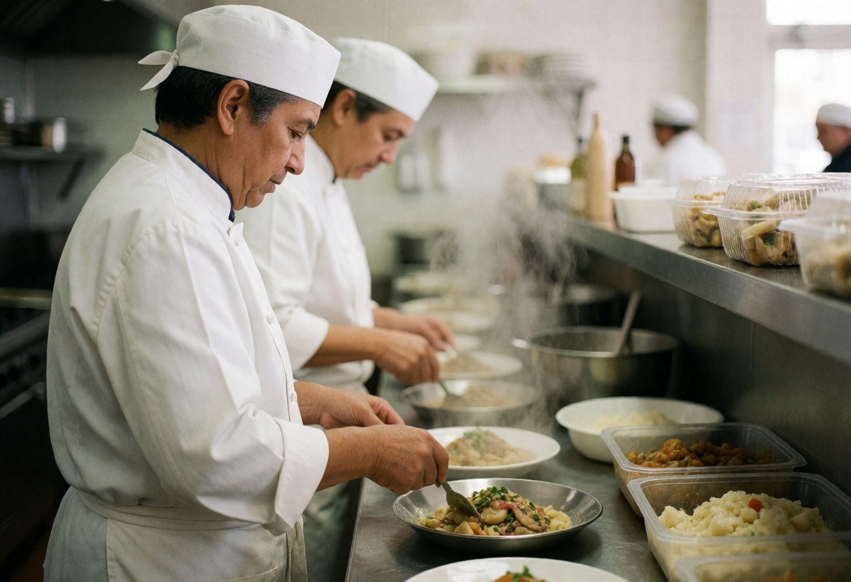 Deux cuisiniers en uniforme blanc servent des aliments chauds dans une cuisine industrielle avec de la vapeur visible.
