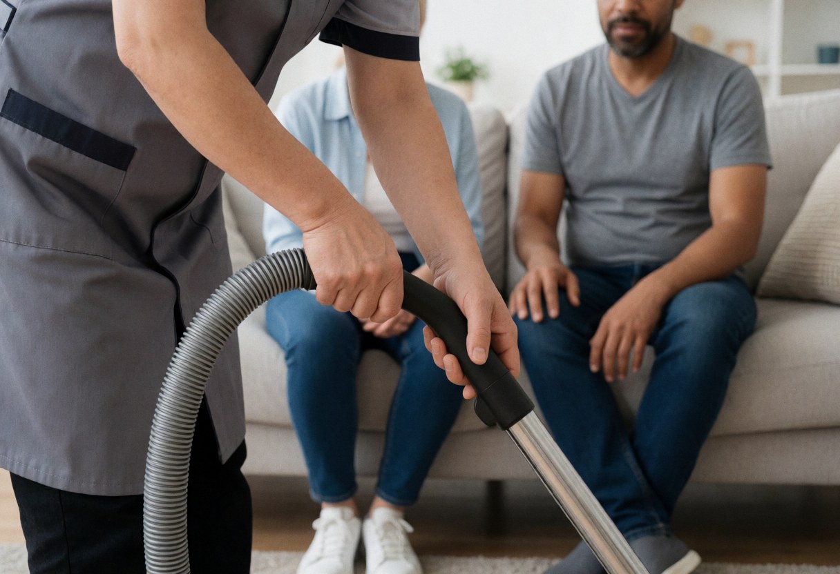 Un homme nettoie le sol avec un aspirateur pendant que deux personnes sont assises sur un canapé à l'arrière-plan.