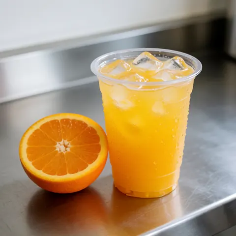Un verre de jus d'orange frais garni de glaçons et d'une tranche d'orange sur une surface métallique, éclairage naturel vibrant.