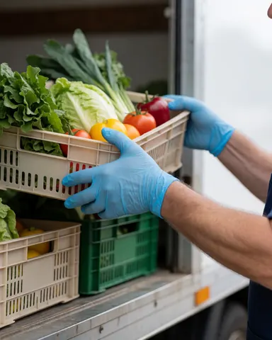 Une main portant des gants bleus charge des caisses remplies de légumes frais à travers la porte latérale d'un véhicule utilitaire.