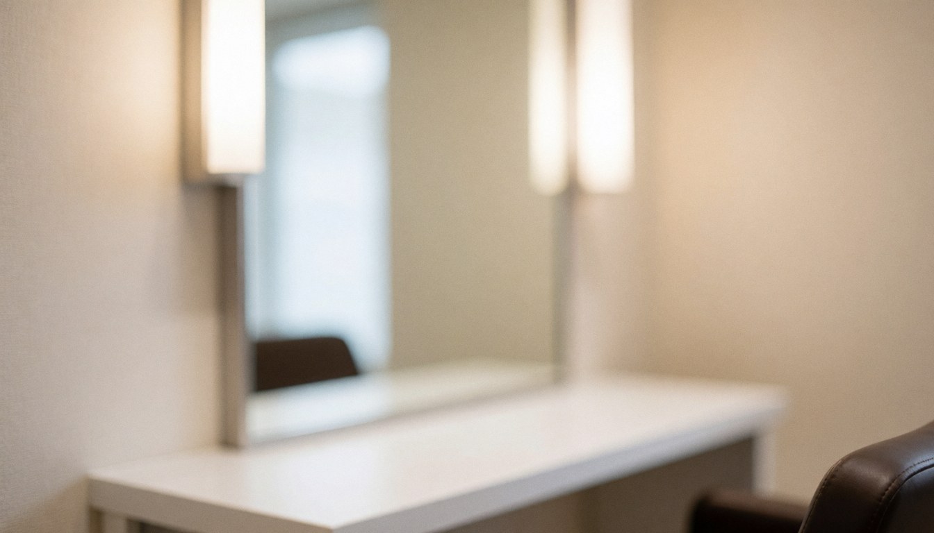 Arrière-plan de salon de coiffure avec miroir, lumières et chaise, idéal pour textes et publicité, ambiance propre et professionnelle.