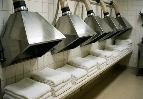 Des sèche-cheveux métalliques rangés en ligne sur des étagères, avec des serviettes blanches pliées, un mur carrelé et un sol propre, évoquant un environnement professionnel et ordonné.