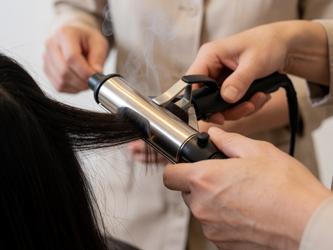 Des mains travaillent sur des cheveux foncés en utilisant un outil de coiffure professionnel, mettant en valeur la texture et le mouvement dans un salon.