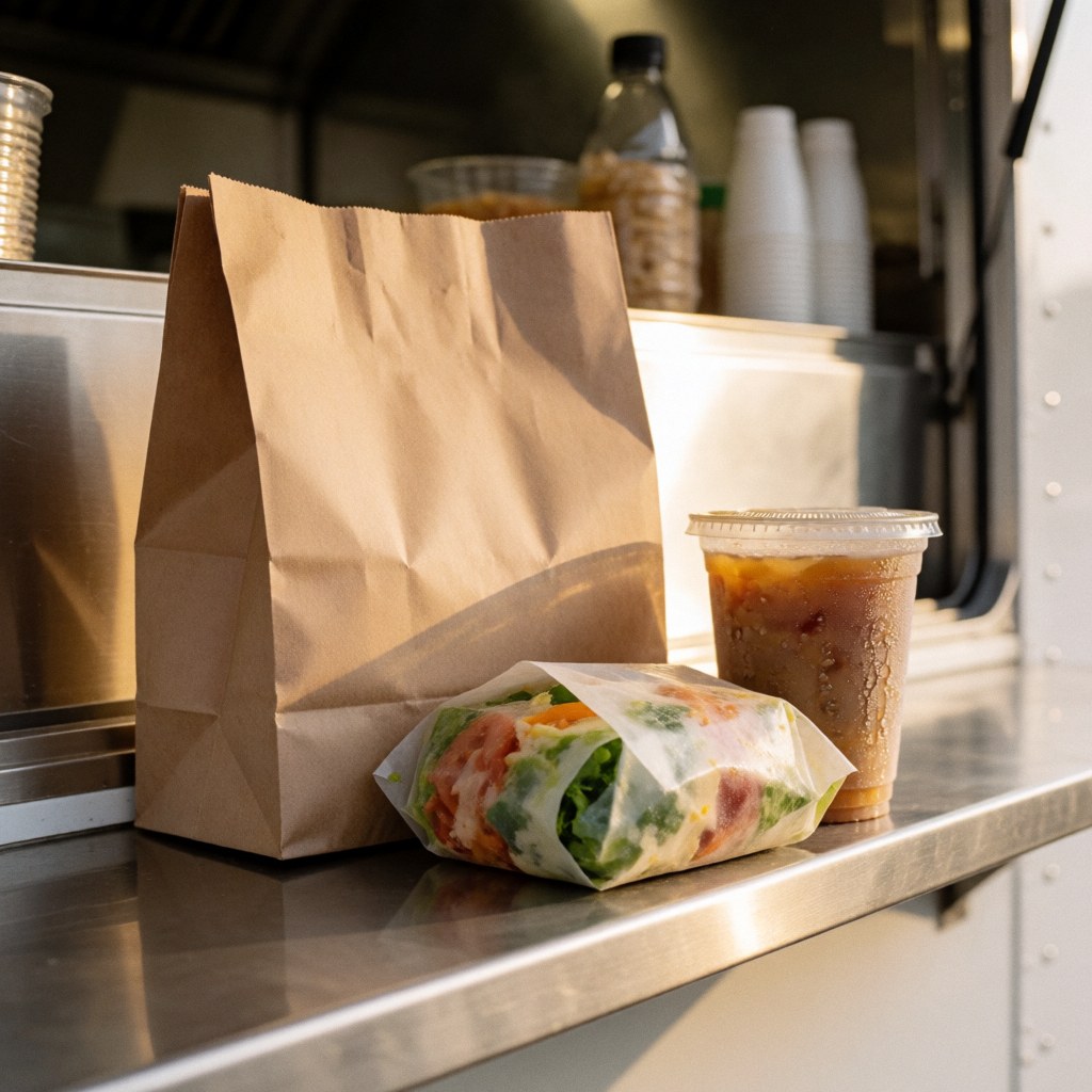 Sac de commande de food truck contenant de la nourriture emballée et une boisson avec des gouttes, posé sur une surface métallique éclairée par la lumière naturelle.