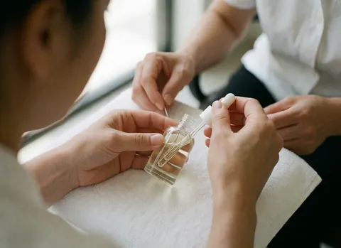 Flacon de sérum capillaire avec pipette posé sur une serviette blanche dans un salon de coiffure professionnel et lumineux.