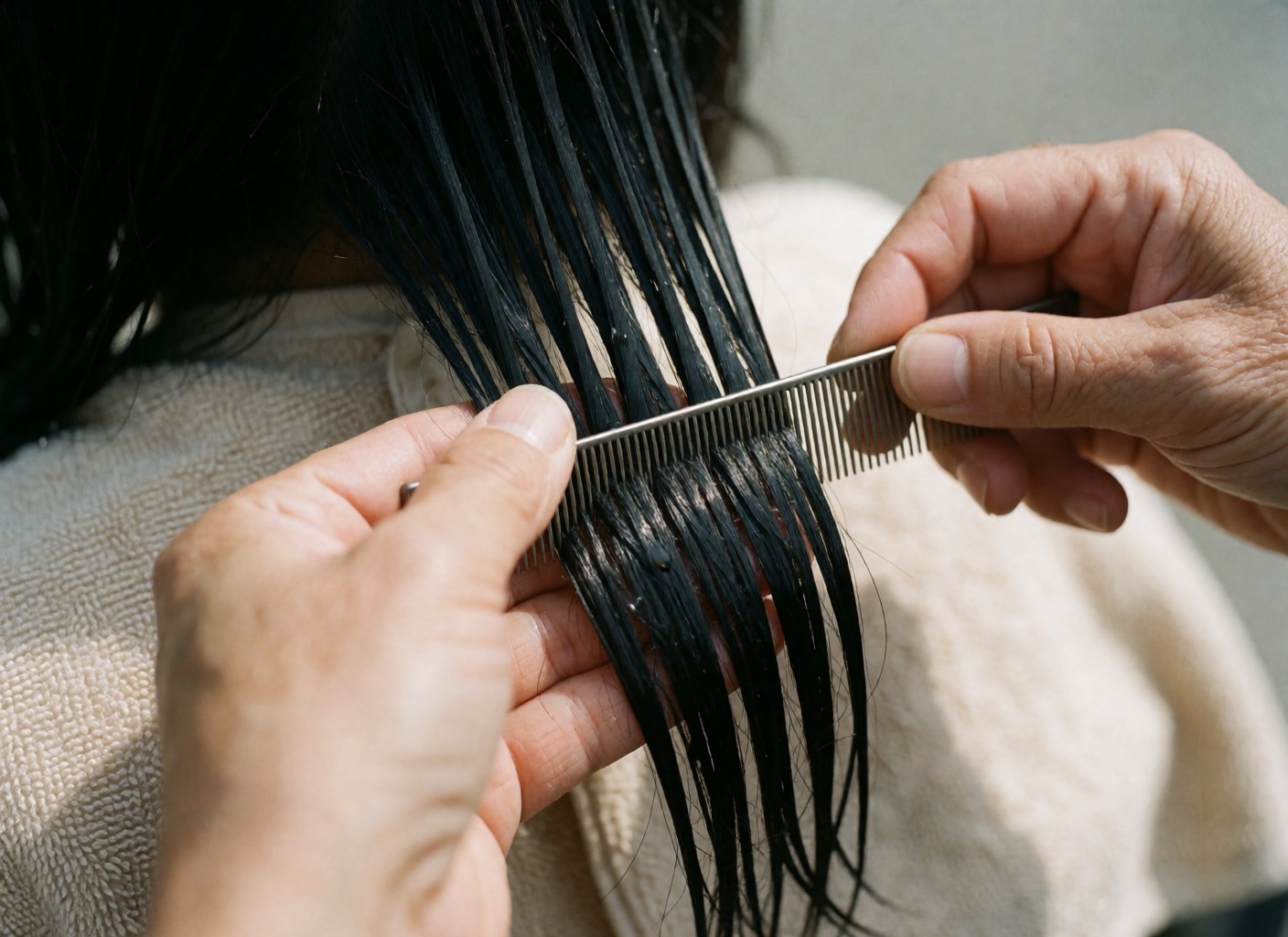 Détail d'une coupe de cheveux avec un peigne fin, cheveux humides et brillants, serviette beige, mains travaillant avec précision, éclairage naturel, détail professionnel.