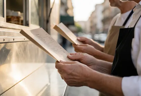 Deux mains tiennent des menus à proximité de la fenêtre d'un food truck, baignées d'une lumière chaude et de textures réelles, illustrant le service en action.