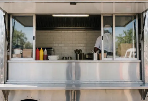 Fenêtre de food truck avec comptoir en acier inoxydable, condiments, assiettes et employé travaillant sur fond blanc avec reflets de lumière naturelle.