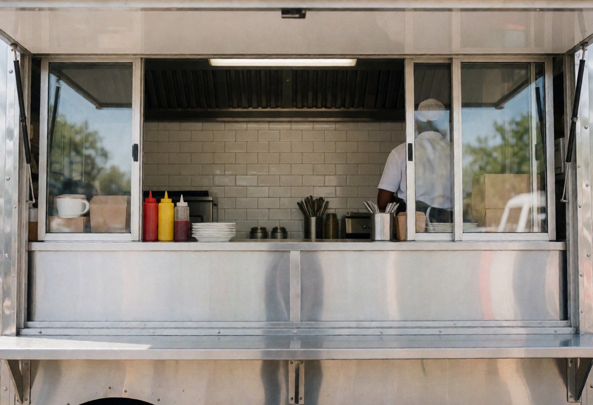 Fenêtre de food truck avec comptoir en acier inoxydable, condiments, assiettes et employé travaillant sur fond blanc avec reflets de lumière naturelle.