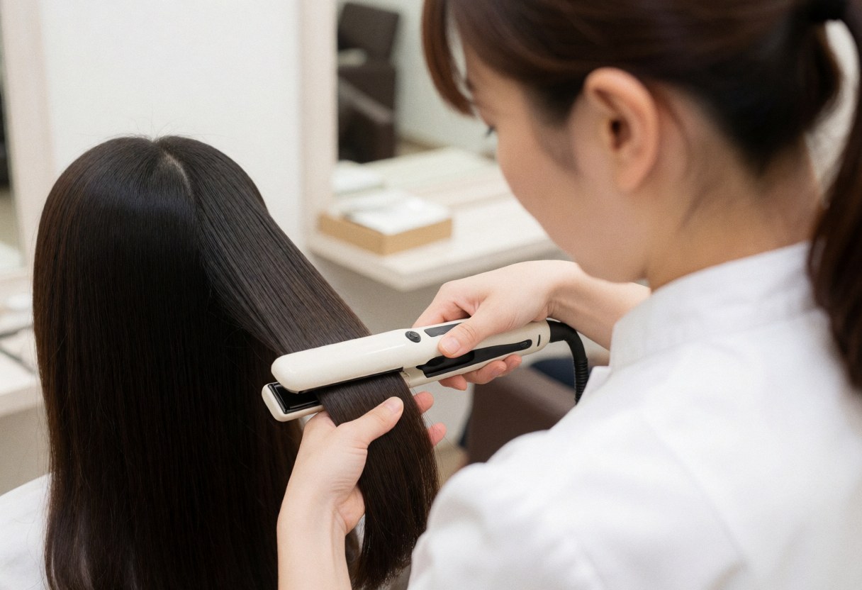 Un coiffeur en uniforme blanc utilise un fer à lisser sur des cheveux longs et brillants dans un salon moderne.