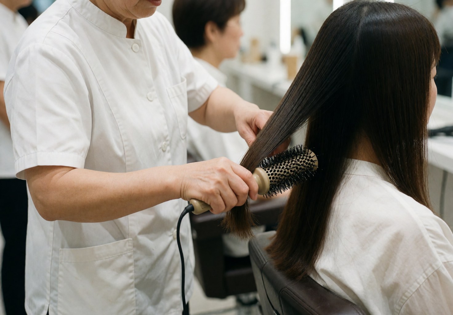Une coiffeuse en uniforme blanc utilise une brosse sur de longs cheveux brillants dans un salon moderne et propre.