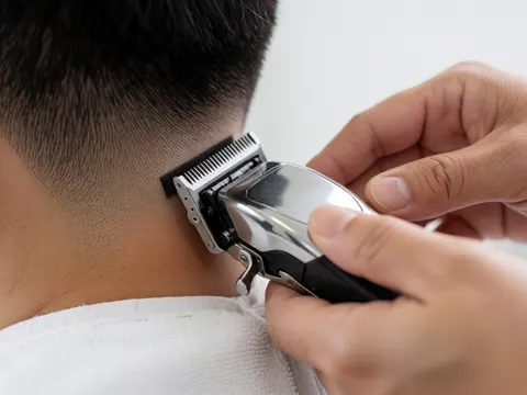 Gros plan sur une paire de ciseaux professionnels posée près d'une chevelure coupée, illustrant le détail d'un travail de coiffure.