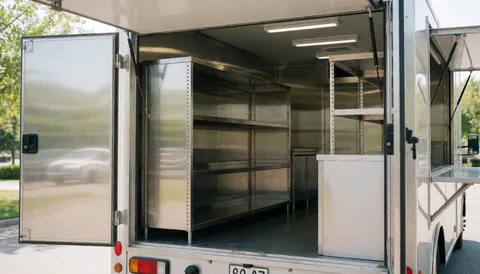 Vue intérieure d'un food truck avec étagères en acier inoxydable, éclairage naturel, propre et professionnel pour la restauration rapide.