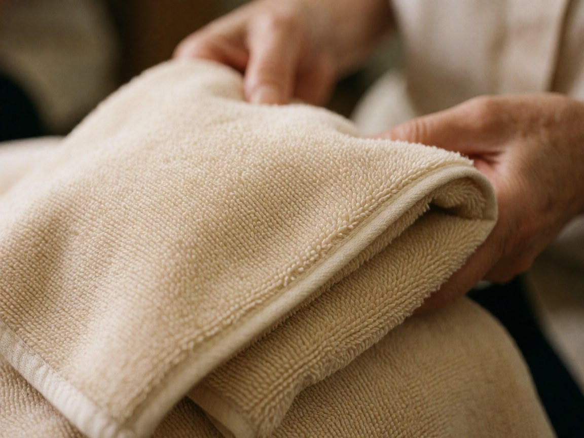 Gros plan montrant la texture douce et les détails fins d'une serviette, évoquant la qualité et le confort dans un salon de coiffure.
