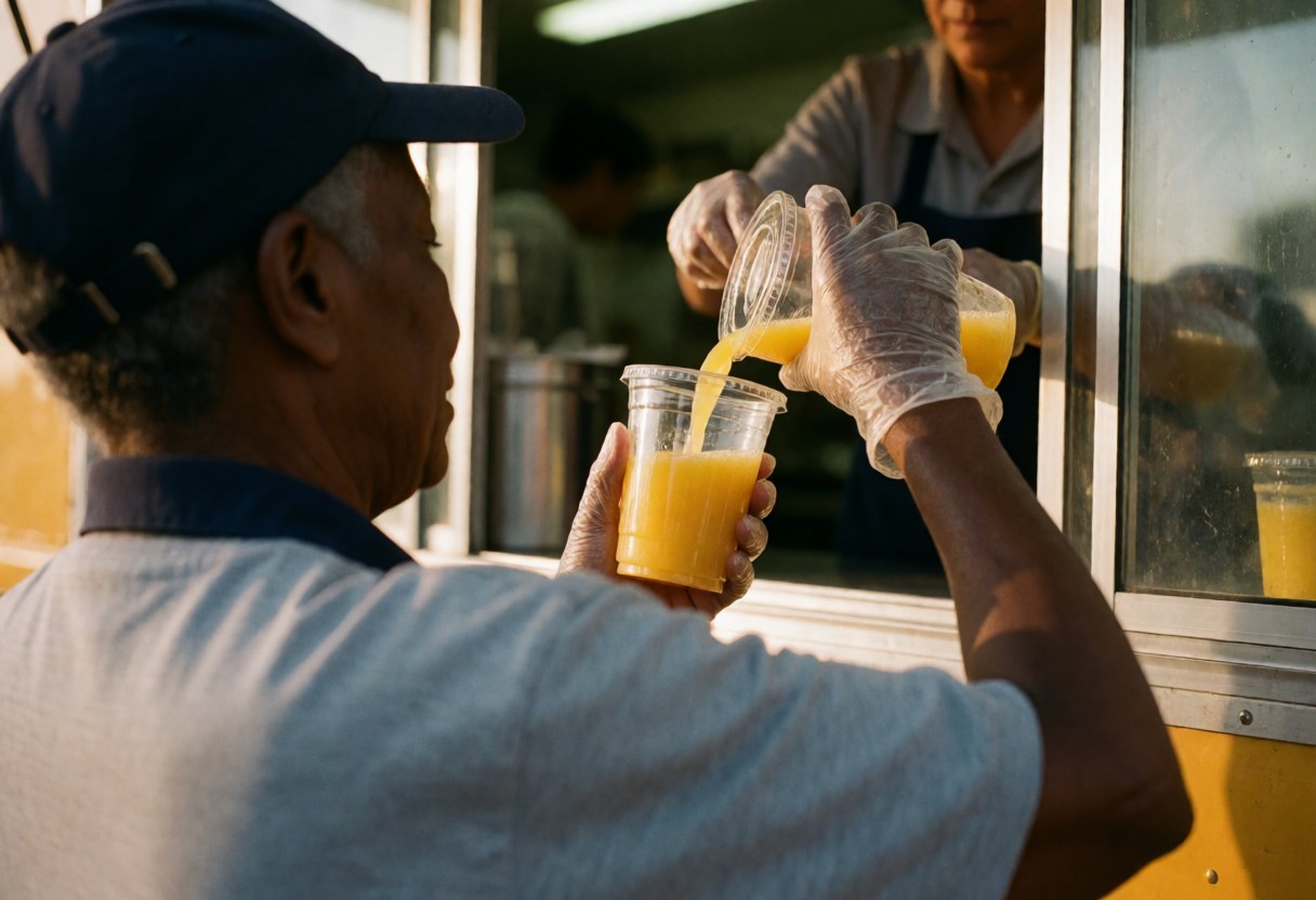 Un employé portant des gants sert un verre de jus frais depuis un camion alimentaire lors d'une vente en extérieur.