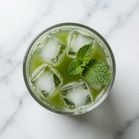 Vue de dessus d'un verre contenant du jus vert frais avec des glaçons et une feuille de menthe sur un fond en marbre blanc.