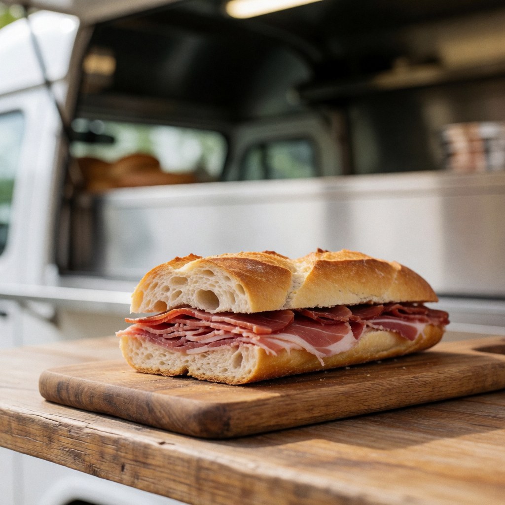 Un sandwich au jambon ibérique frais est présenté sur une planche à découper en bois, illustrant un produit alimentaire de qualité pour un food truck.