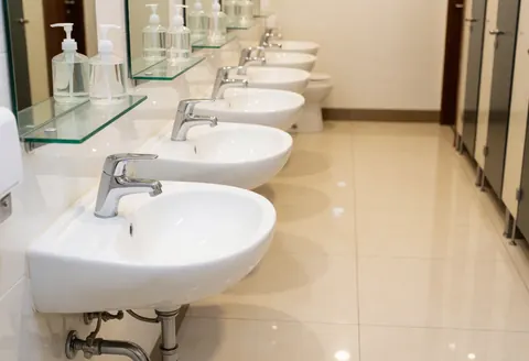 Intérieur d'une salle de bain propre avec lavabo, miroir, carrelage blanc et robinetterie chromée.