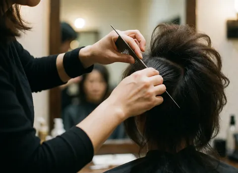 Détail d'une coiffure volumineuse réalisée avec un peigne dans un salon de coiffure professionnel.